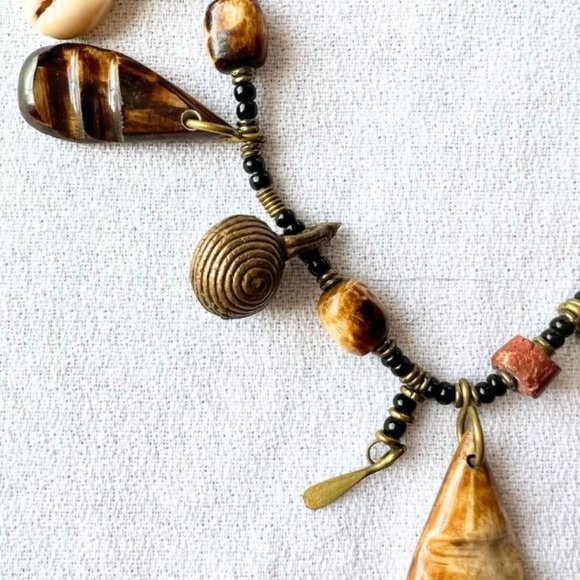 Vintage Handmade Brass, Bead, and Shell Necklace - Picture 4 of 9